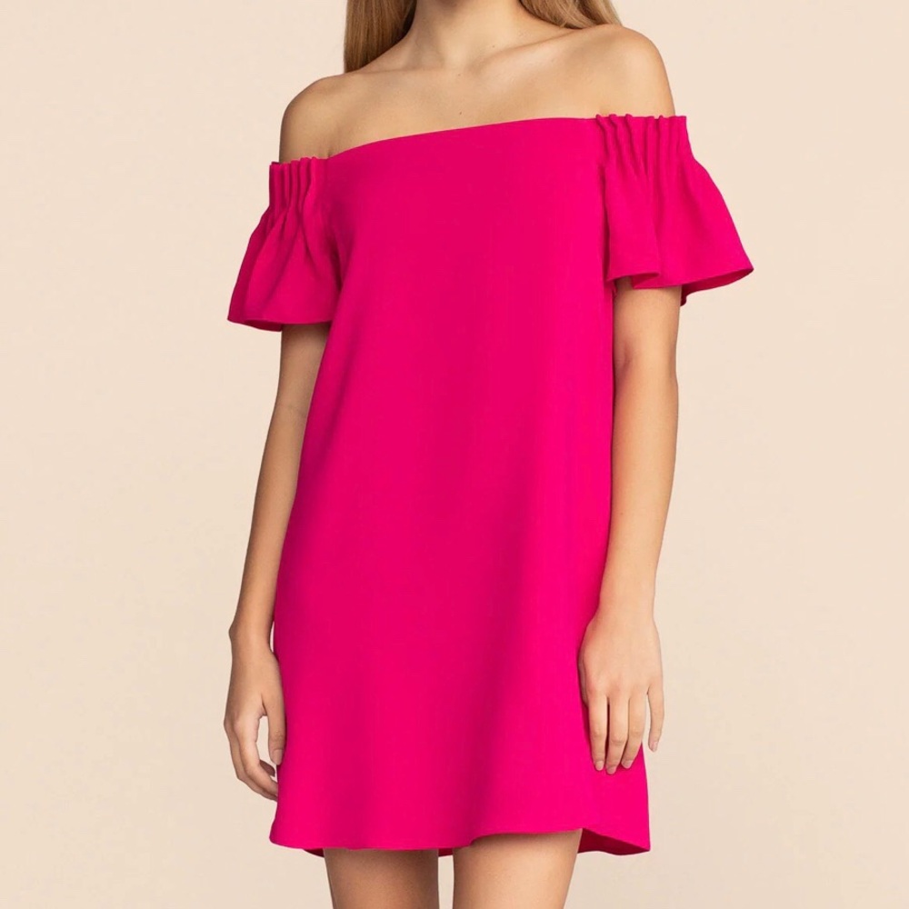 NWT Trina Turk Exceptional Off Shoulder Pintuck Pleated Pink Fuchsia Shift Dress